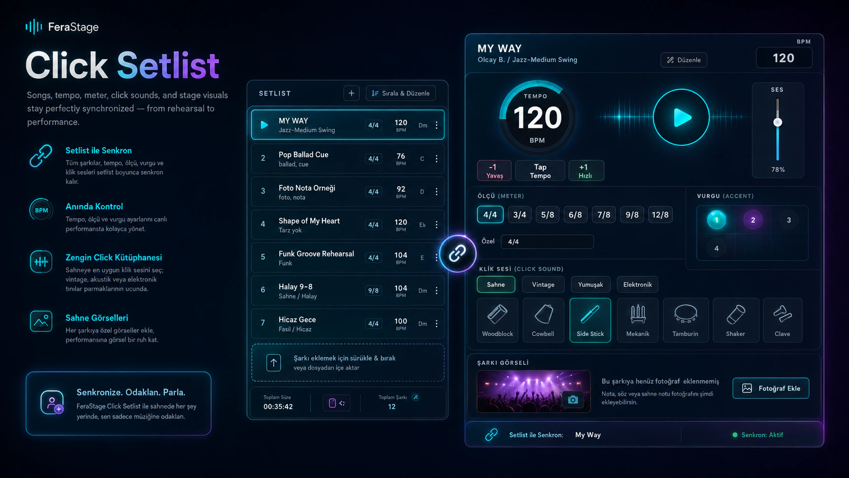 FeraStage Click ve Setlist ekranında şarkı listesi ve sahne kontrolleri