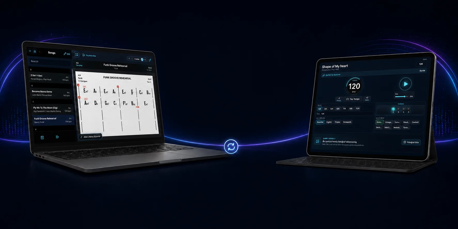 FeraStage Web hazırlık ekranını gösteren laptop ve iPad sahne performans ekranı