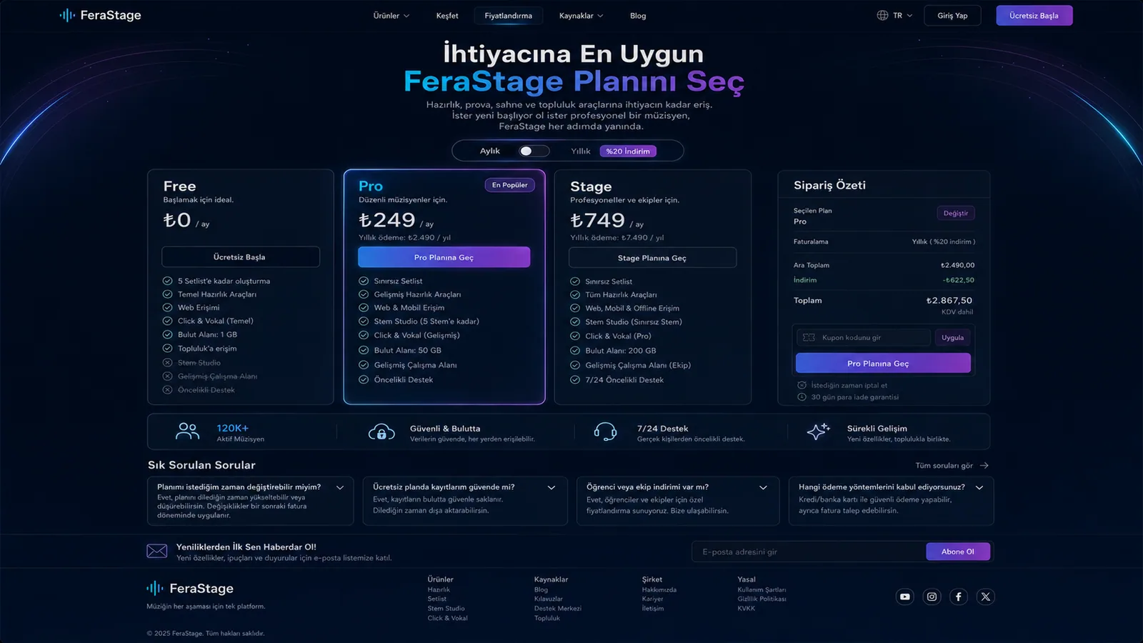 FeraStage Free, Pro ve Stage planlarının premium fiyatlandırma tasarımı