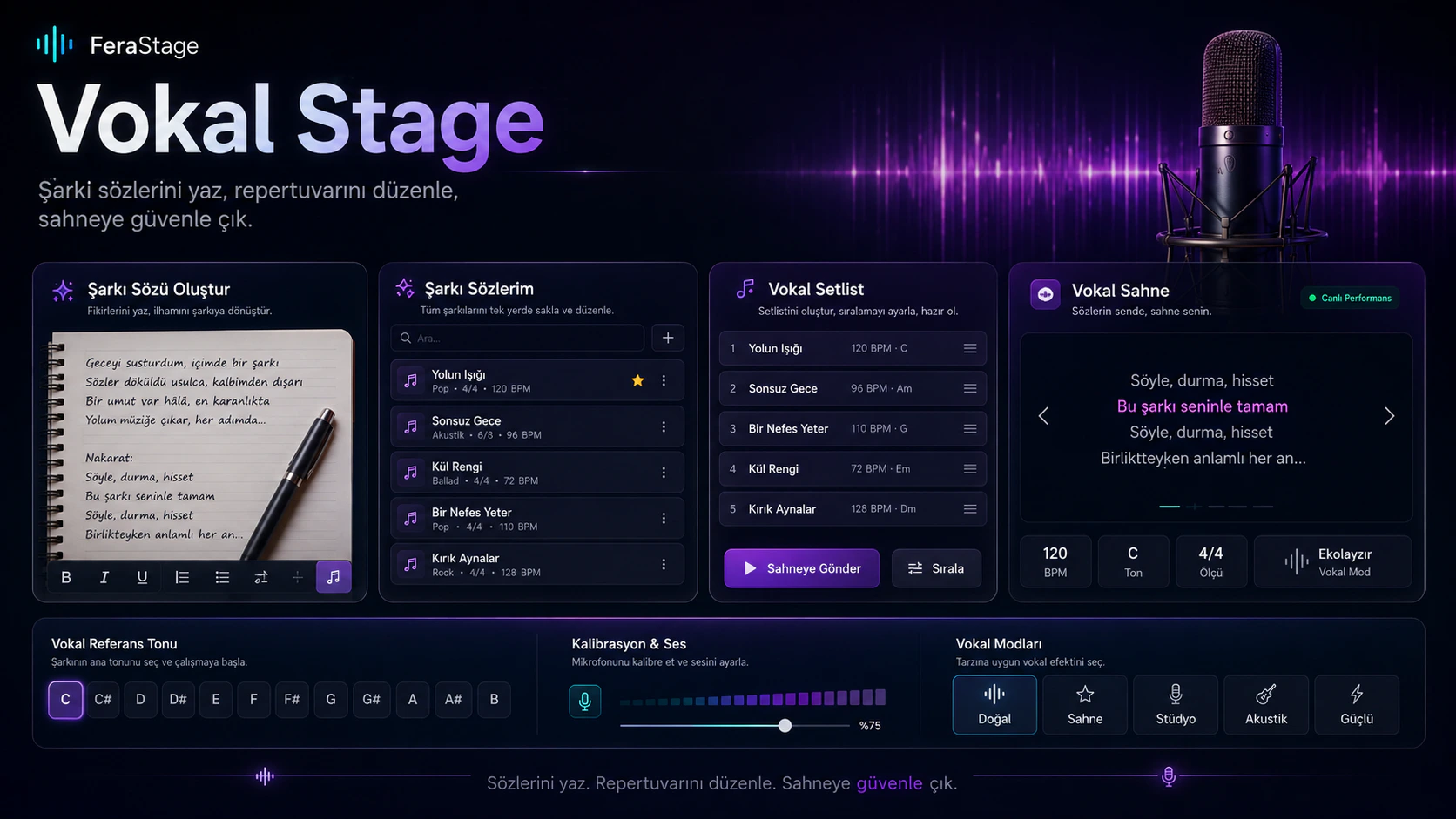 FeraStage Vokal Stage’de şarkı sözü, vokal repertuvarı, setlist ve sahne performans ekranı.