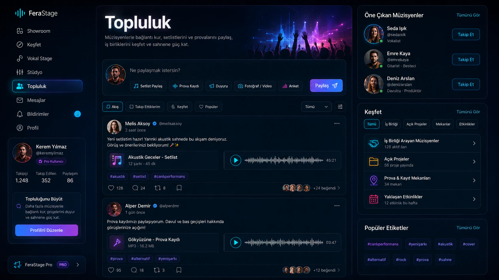 FeraStage Topluluk alanında müzisyen paylaşımları, takip önerileri ve keşif araçları.